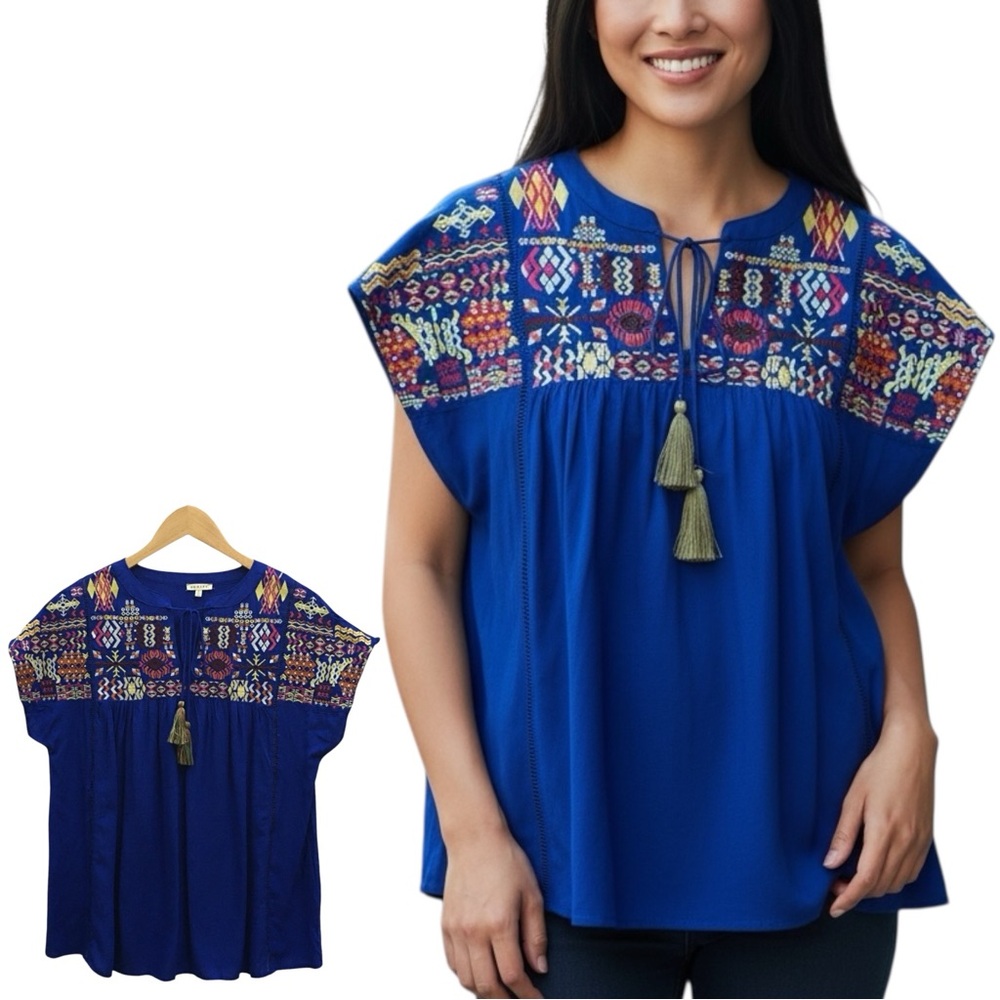 JODIFL Blue Embroidered Multicolor Lightweight Rayon Oversize Top Women’s Small - Picture 2 of 11